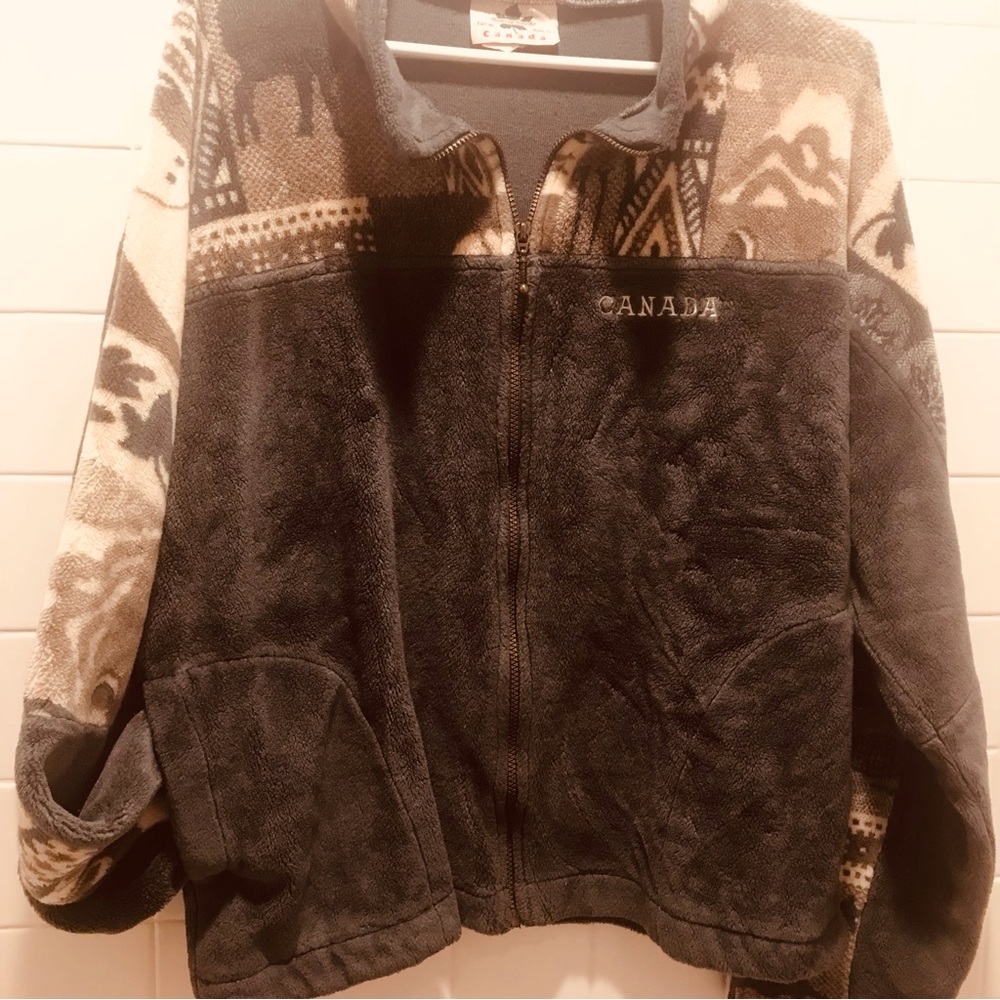 Vintage Quality Goods Canada Full Zip Fuzzy Jacket Xl Steel Blue & Moose Print